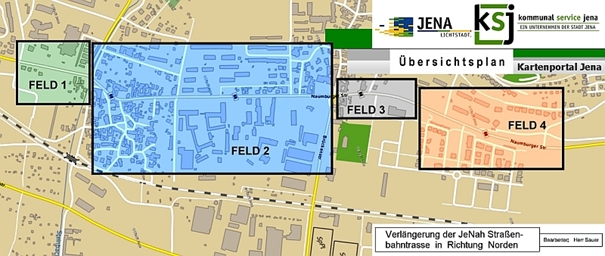 Vier beitragsrechtliche Bereiche der Strassenbahnverlaengerung Nord - Grafík © Stadt Jena KSJ