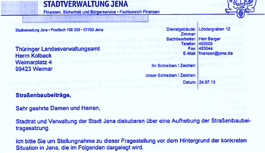 Schreiben von Herrn Jauch an das Landesverwaltungsamt - Symbolbild © Stadt Jena KSJ