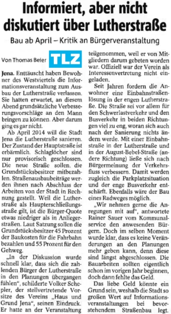 TLZ Zeitungsartikel zur Informationsveranstaltung Lutherstrasse- Abbildung © Stadt Jena KSJ