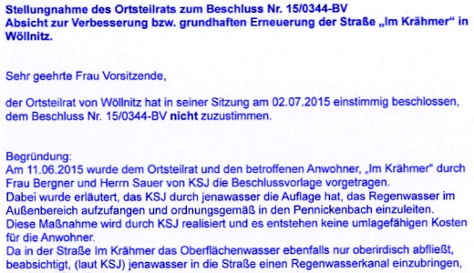 Stellungnahme des OTR Woellnitz zur Herstellung der Strasse Im Kraehmer - Symbolbild © Stadt Jena KSJ