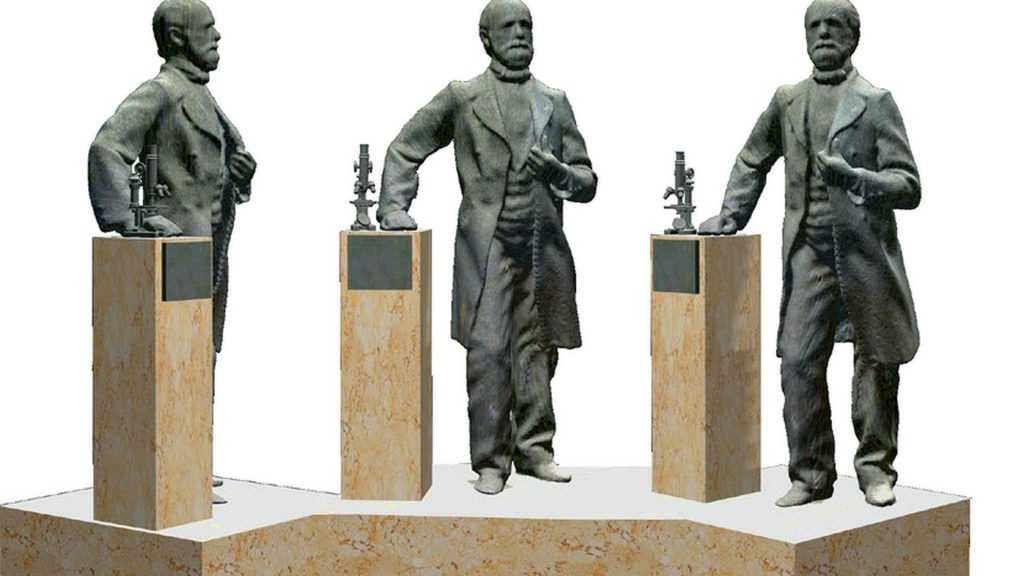 s Carl Zeiß Denkmal auf dem Johannisplatz in Jena - Künstlerentwurf von Klaus-Dieter Locke. Zu sehen von links, rechts und von vorn.