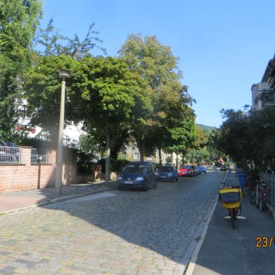 Blick in die Thomas-Mann-Straße, im Vordergrund auf dem Gehweg ein Post-Fahrrad.