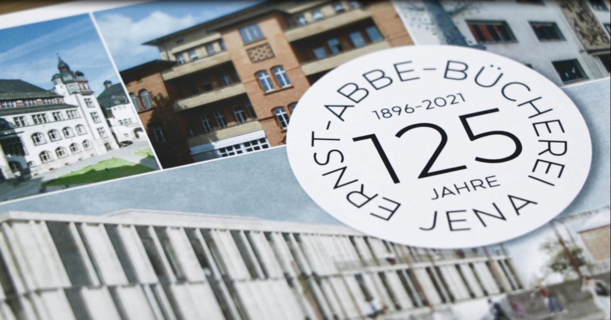 Collage mit Bildern von Ernst-Abbe-Bücherei-Gebäuden und einem Runden Logo zu 125 Jahre EAB