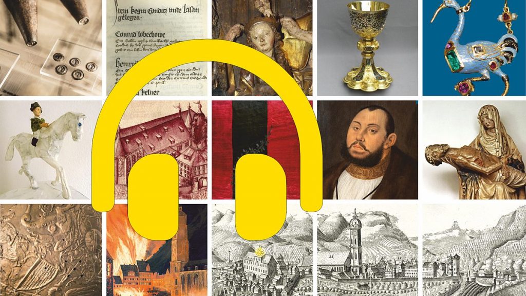 Layout von Bildern aus dem Stadtmuseum mit einem gelben Kopfhörersymbol