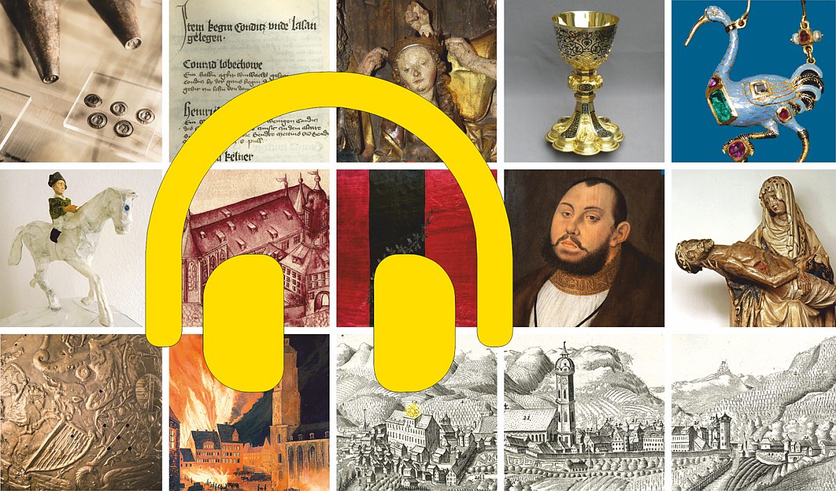 Layout von Bildern aus dem Stadtmuseum mit einem gelben Kopfhörersymbol
