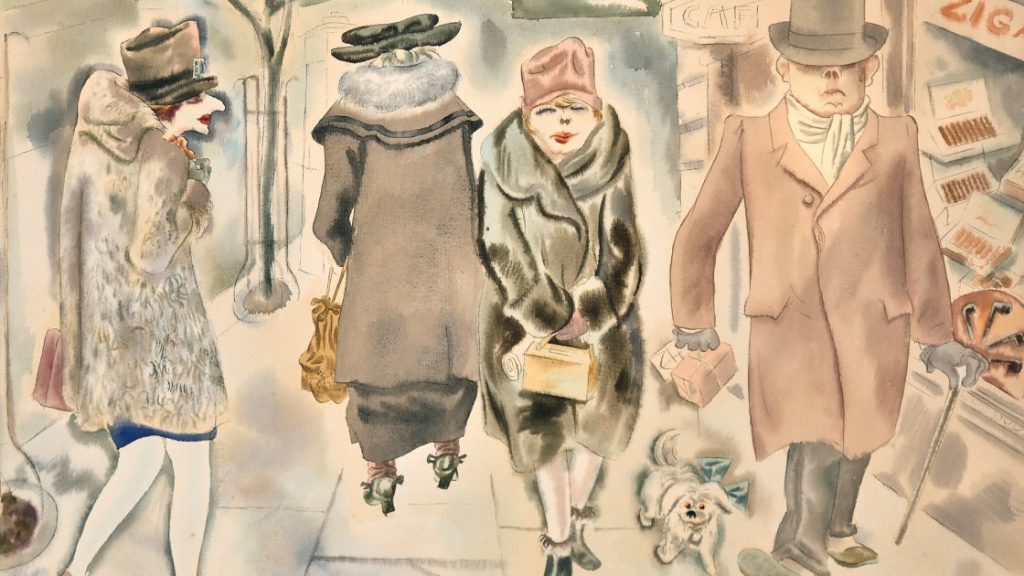 Aquarellierte Zeichnung von George Grosz mit Passanten in edler Kleidung auf dem Kurfürstendamm