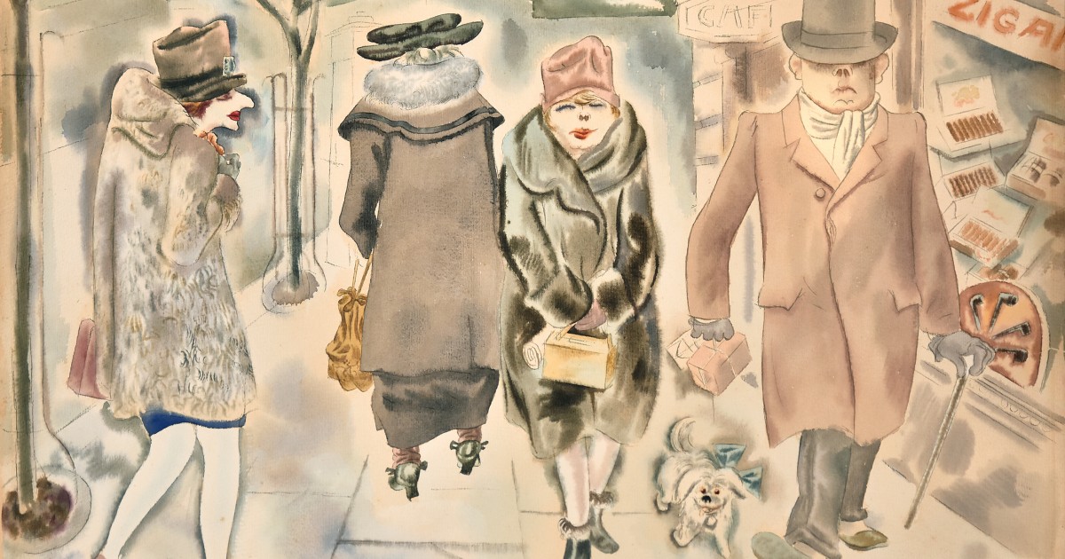 Aquarellierte Zeichnung von George Grosz mit Passanten in edler Kleidung auf dem Kurfürstendamm