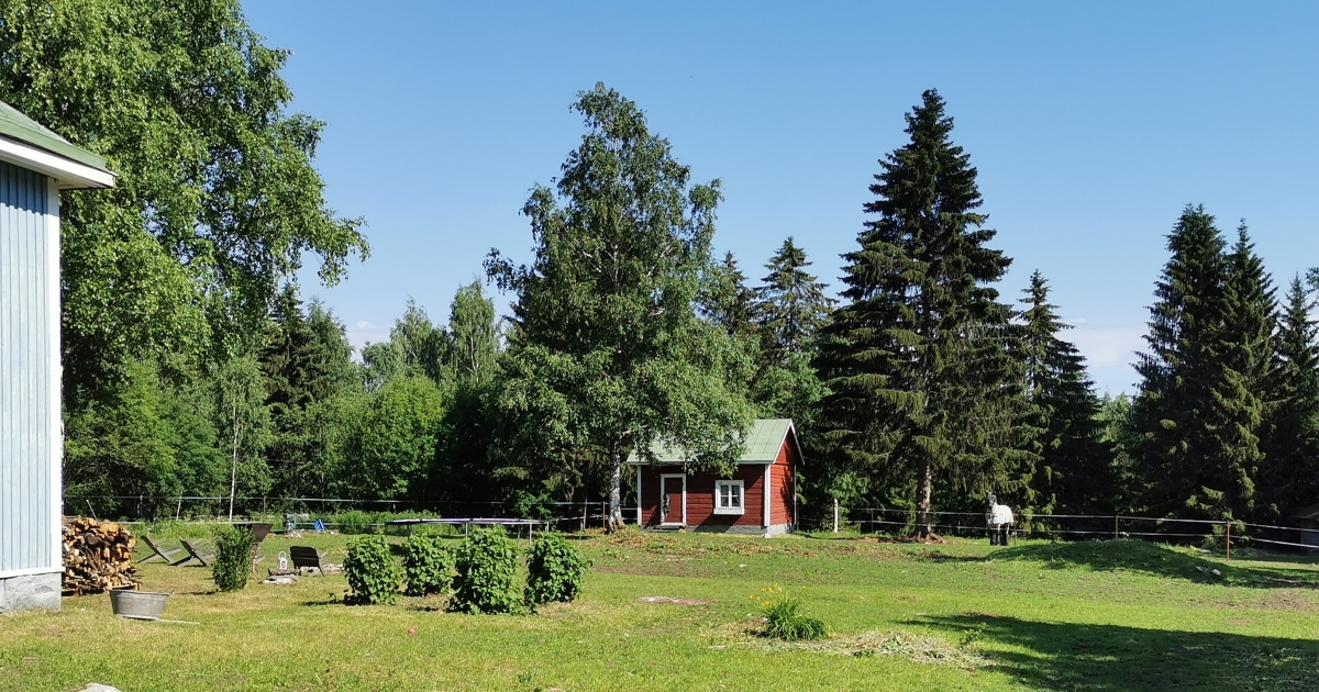 Garten mit Holzblockhütte