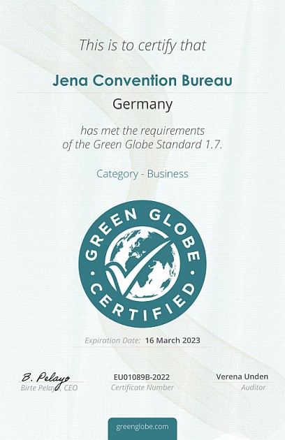 Zertifikat von Green Globe für das Jena Convention Bureau