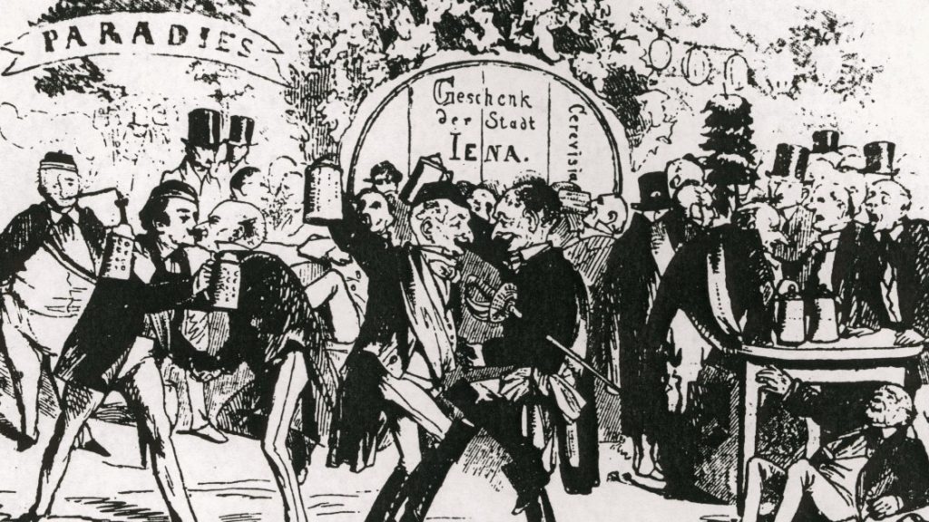 Historische Karikatur von feiernden Männern in Burschenschaftskleidern, mit Säbeln und Bierkrügen unter einem Banner "Paradies" und vor einem großen Weinfass mit der Aufschrift "Geschenk der Stadt Jena"