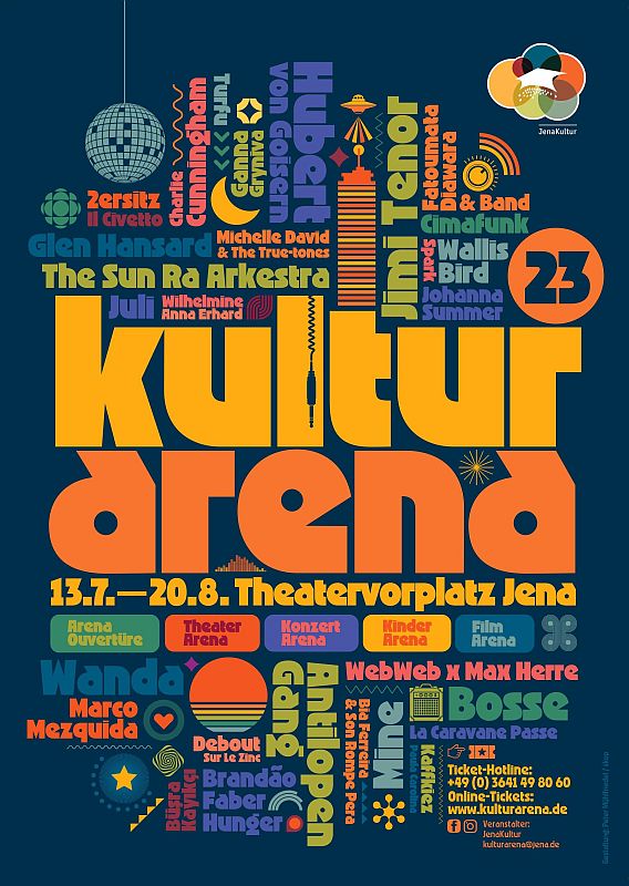 KulturArena Jena Plakat 2023, Wortercloud mit vielen bunten farben