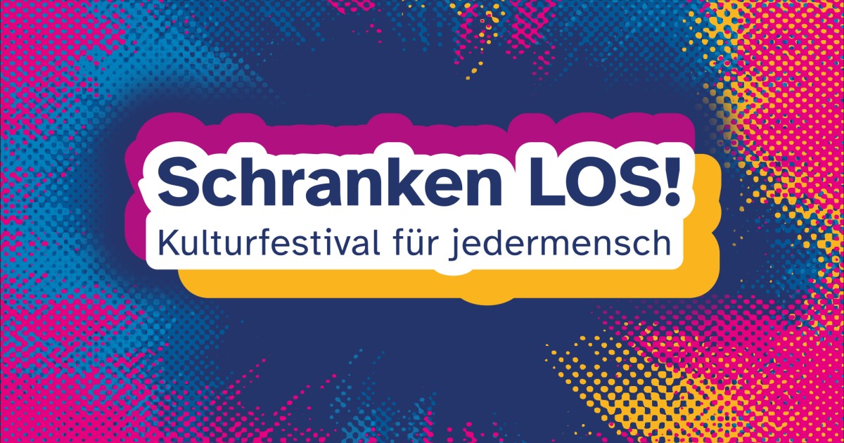 KeyVisual "Schranken LOS! Kulturfestival für jedermensch" – Schriftzug auf blauem, gelben und pinkfarbenen Raster, das nach außen hin explosionsartig zerstiebt