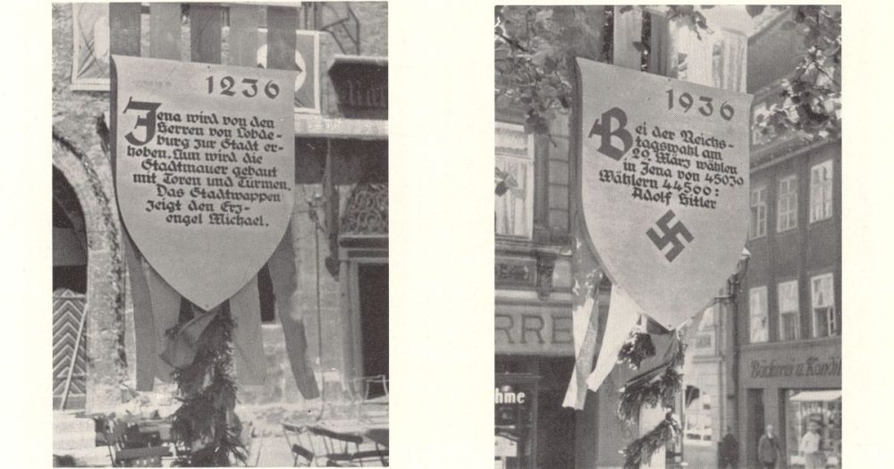 Schmuckwappen mit den Aufschriften „1236“ und „1936“ entlang der Marschroute des Festzuges in der Innenstadt, 28.6.1936