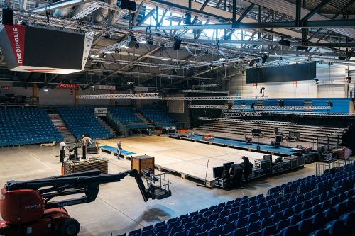 Sparkassen-Arena Jena, Aufbau für das Jubiläumskonzert 90 Jahre Jenaer Philharmonie am 8. März 2024