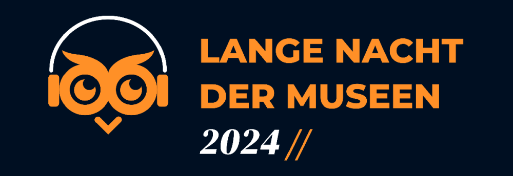 Grafik Lange Nacht der Museen 2024, orange Schrift und eine Eule auf dunkelblauem Grund