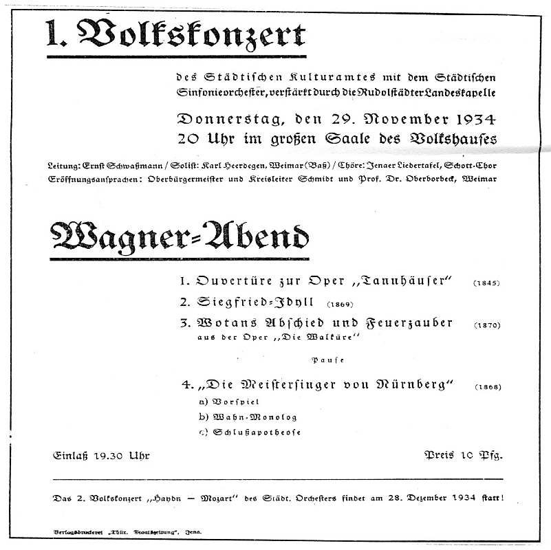 Programmzettel eines Wagner-Abends des Städtischen Sinfonieorchesters von 29.11.1934