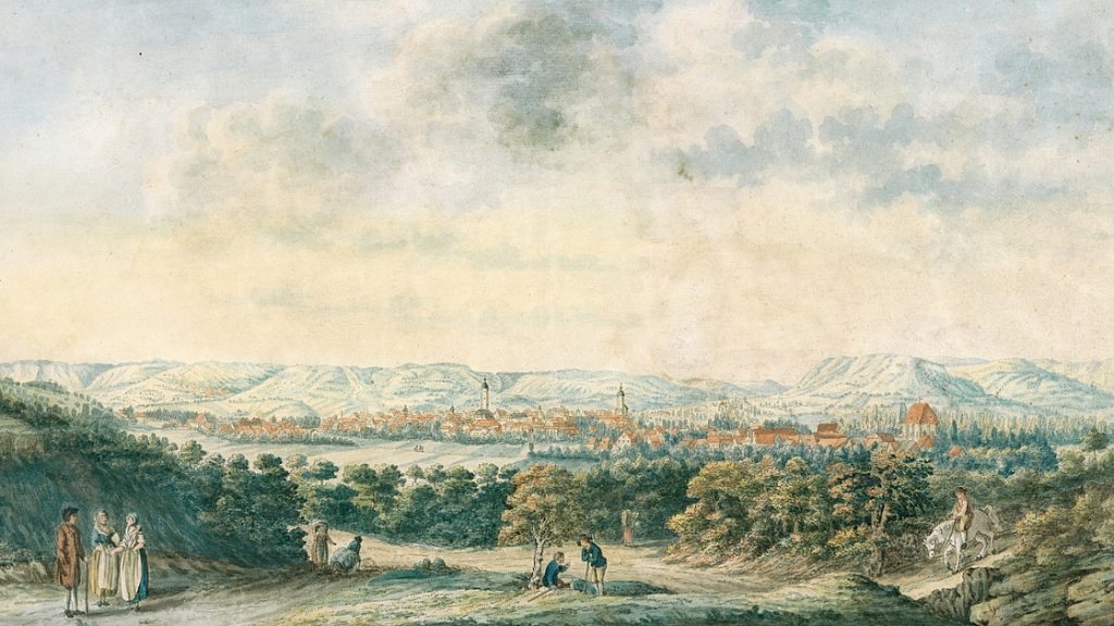 Gemälde mit Landschaftsdarstellung, im Hintergrund Stadt Jena und verschiedene Menschen bei alltäglichen Beschäftigungen