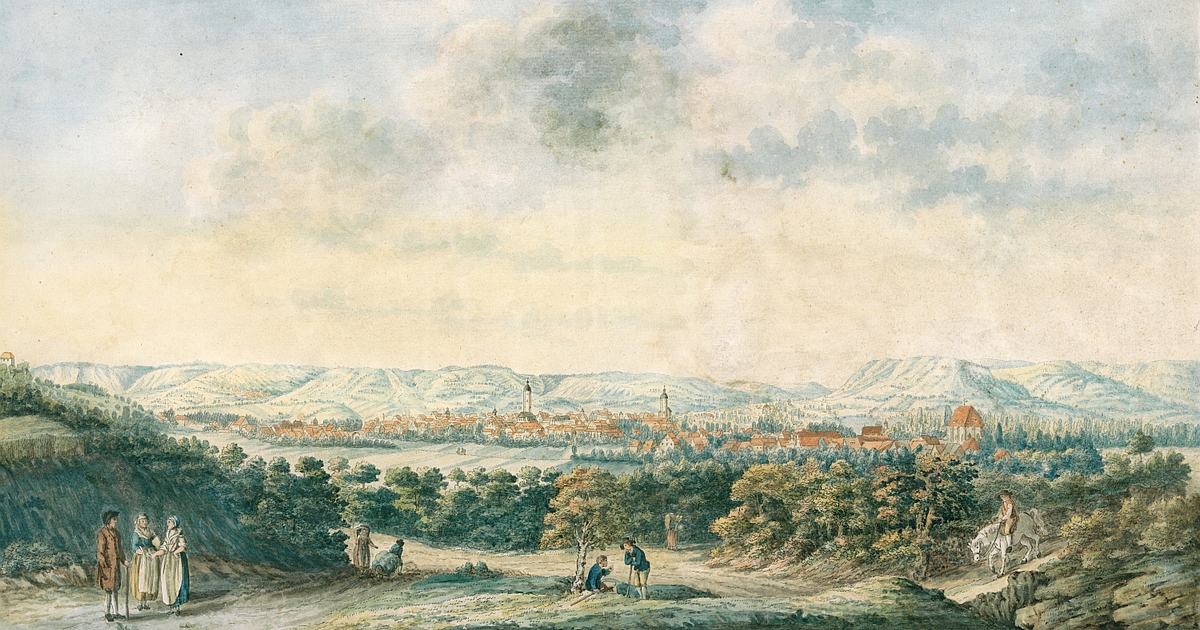 Gemälde mit Landschaftsdarstellung, im Hintergrund Stadt Jena und verschiedene Menschen bei alltäglichen Beschäftigungen