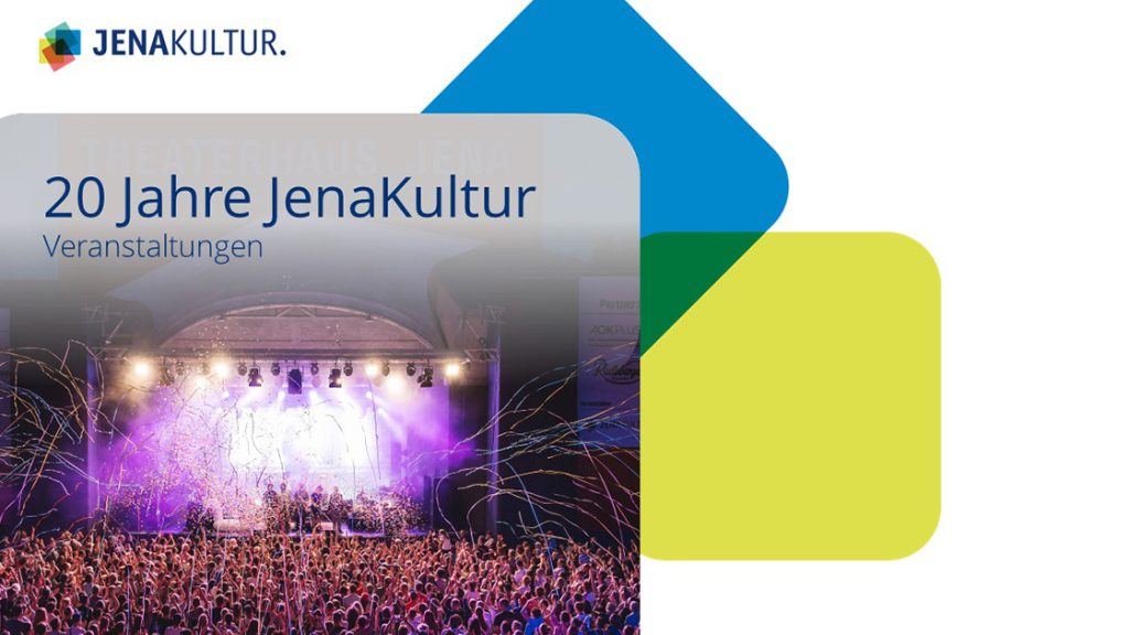 20 Jahre JenaKultur, Veranstaltungsbereich, Ein Kulturarenabild im CD_Rahmen mit blauem und gelbem Quadrat