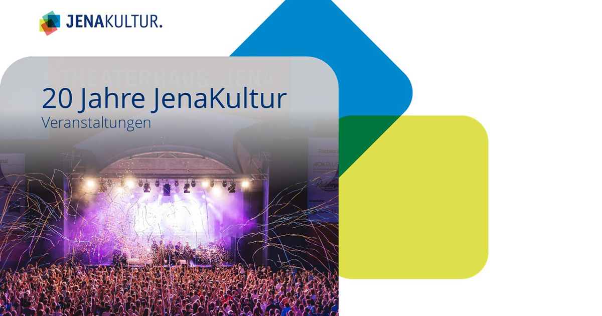 20 Jahre JenaKultur, Veranstaltungsbereich, Ein Kulturarenabild im CD_Rahmen mit blauem und gelbem Quadrat