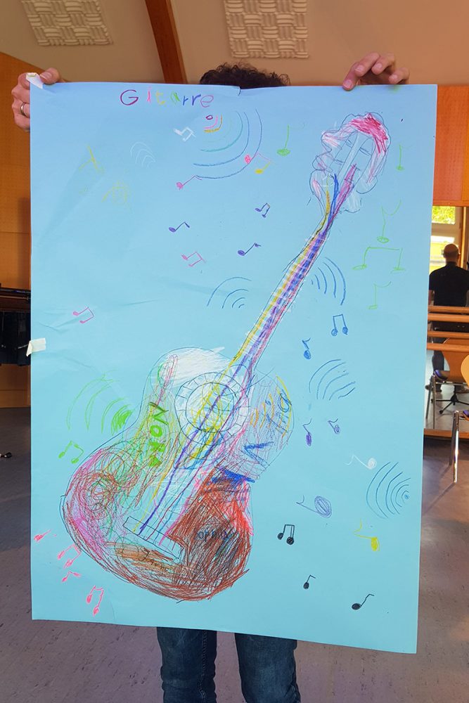 Eine Person hält ein großes blaues Plakat, auf dem eine Gitarre gemalt ist, hoch.