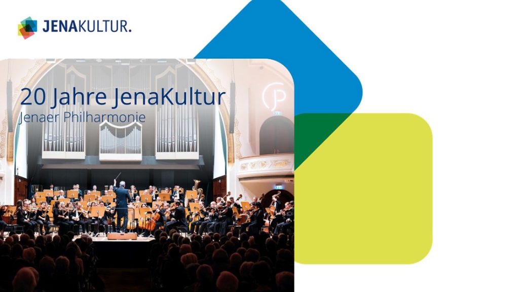 Foto der Jenaer Philharmonie in einer Folie im JenaKultur-Corporate Design