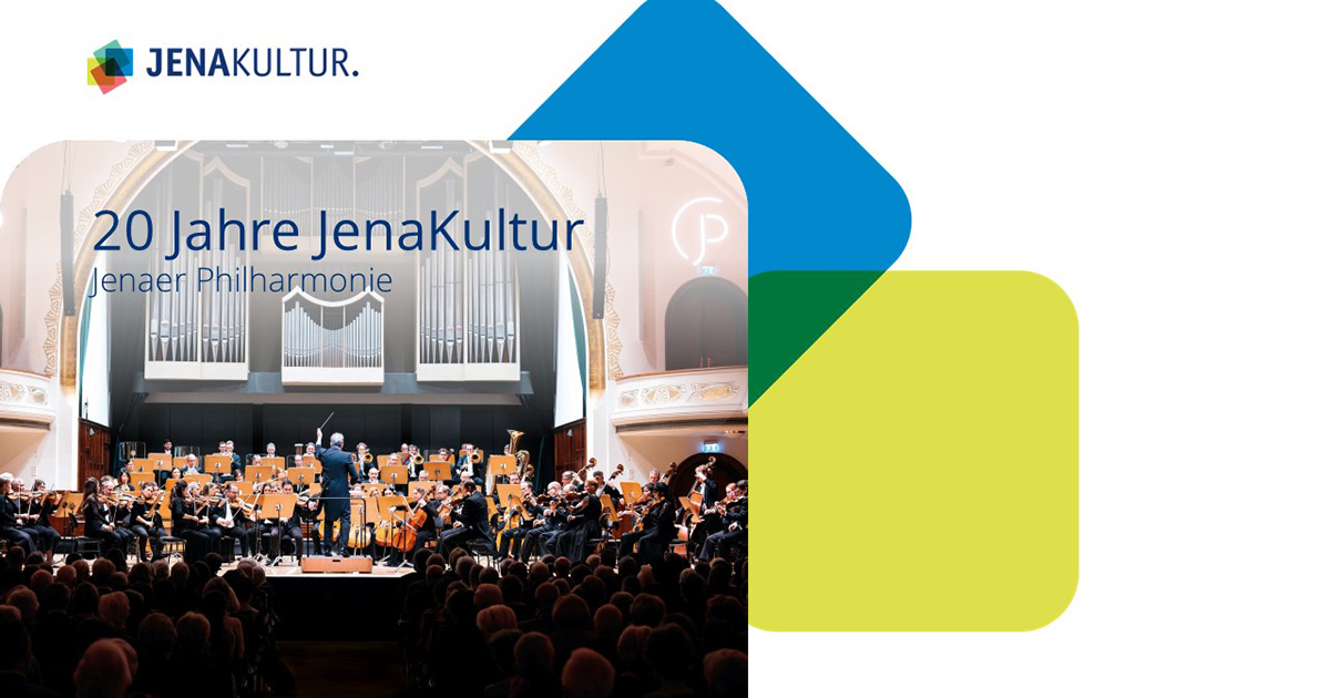 Foto der Jenaer Philharmonie in einer Folie im JenaKultur-Corporate Design