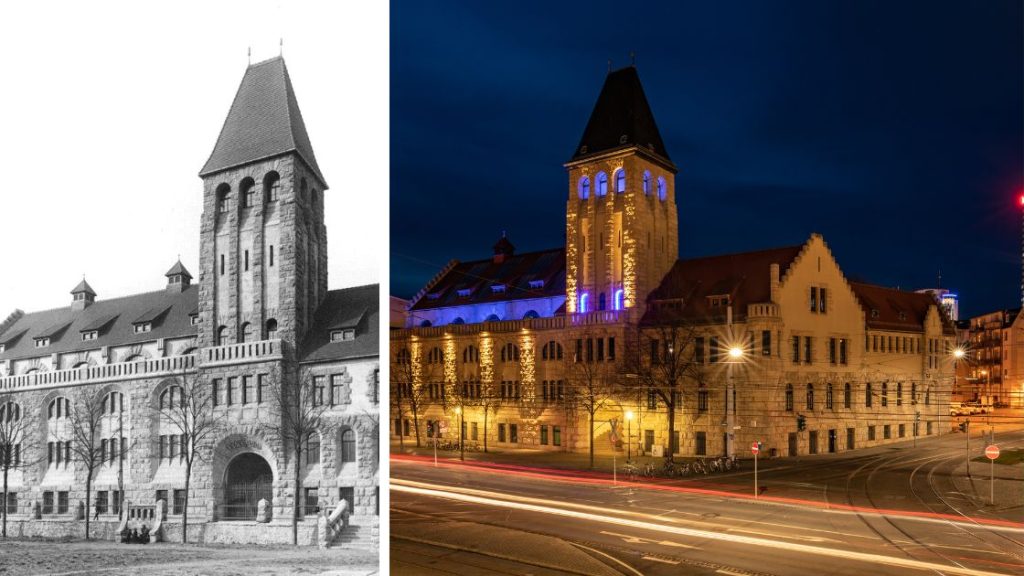 Zweigeteiltes Bild, das das Volksbad Jena um 1900 als Schwarz-Weiß-Fotografie und einmal 2019 als Farbfotografie zeigt.