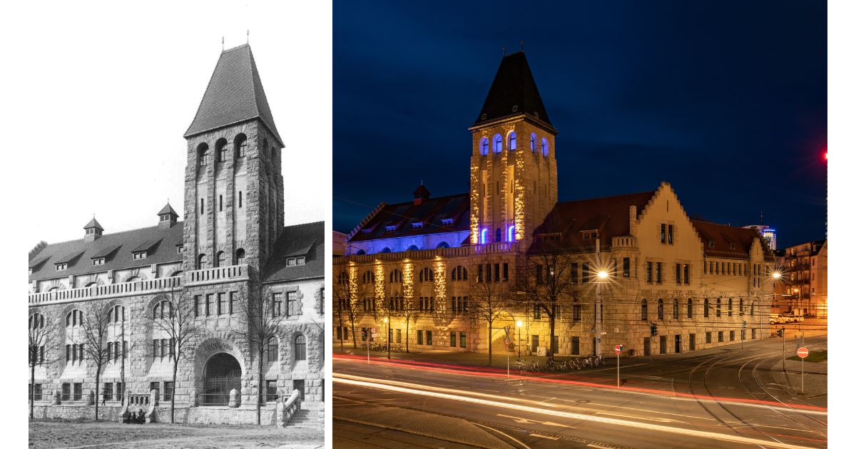 Zweigeteiltes Bild, das das Volksbad Jena um 1900 als Schwarz-Weiß-Fotografie und einmal 2019 als Farbfotografie zeigt.