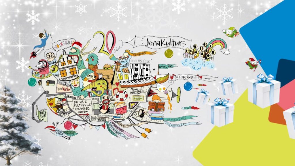JenaKultur-Raumschiff-Grafik vor weihnachtlichem Hintergrund