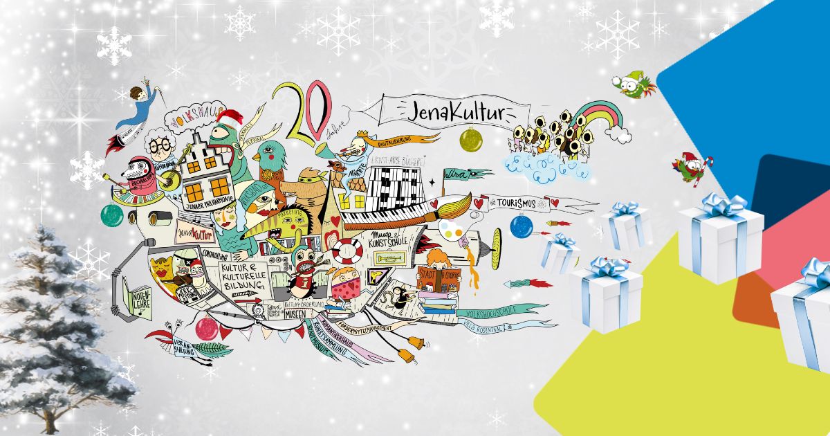 JenaKultur-Raumschiff-Grafik vor weihnachtlichem Hintergrund