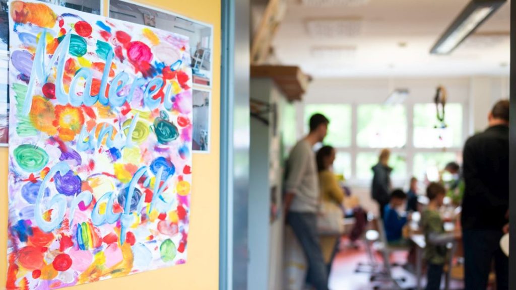 zu sehen ist der Eingang in ein Zimmer. links ist die offenstehende Tur, an der ein buntes Bild mit der Aufschrift "Malerei und Grafik" steht.