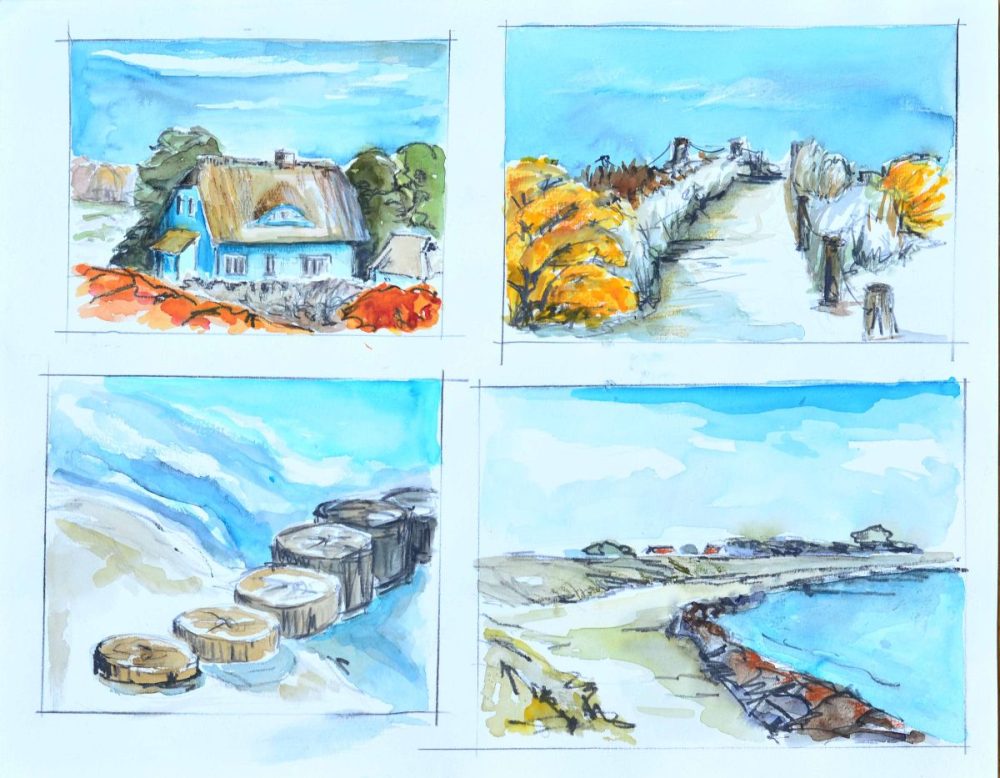 4 verschiedene Aquarellein einem Bild - ein Haus, ein Weg, ein Holzsteg ins Wasser und eine Küste