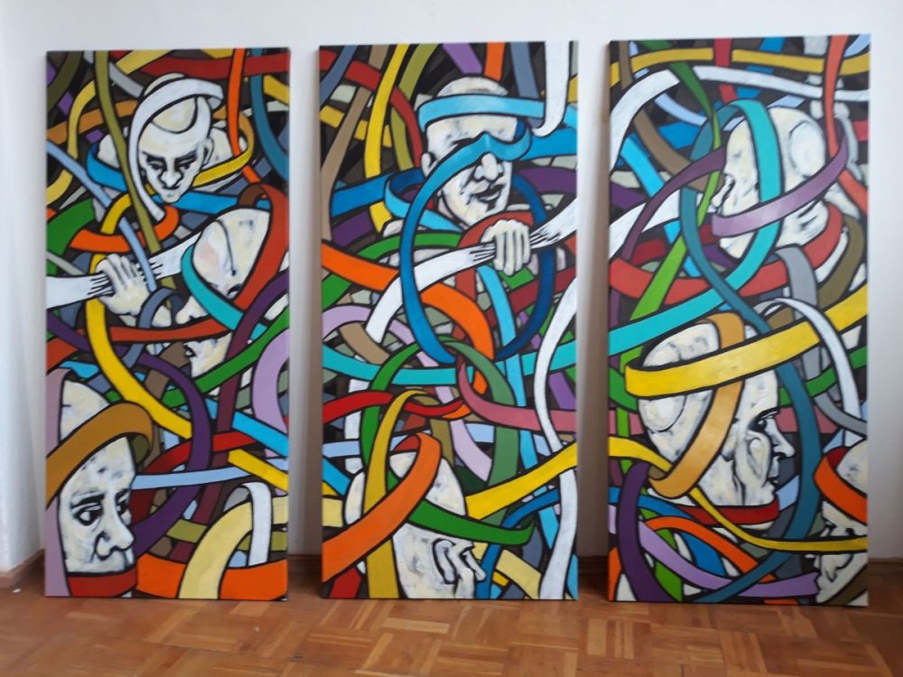 Größes Gemäle in leuchtenden Farben, viele Lilnien, die inneinenader verflochten sind