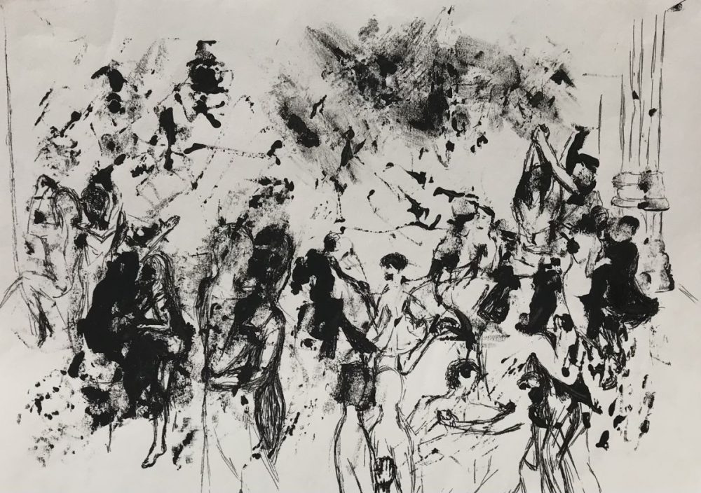 Eine abstrakte Grafik mit schwarzer Tinte auf hellem Hintergrund