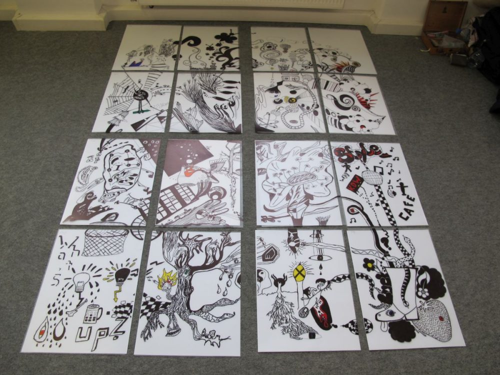 12 A3 Bilder mit schwarz-weiß Zeichnungen mit vielen Einzelmotiven