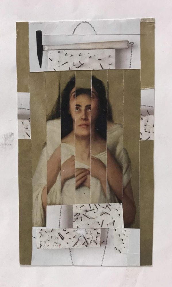 Ein Foto einer Frau, dass in mehrere vertikale Streifen unterteilt wurde. Diese Streifen wurden verschoben, sodass sich das Bild der Frau auf unterschiedlichen Ebenen zusammensetzt, aber nicht einheitlich ist.