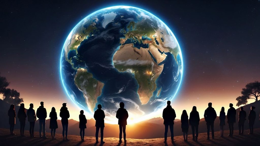 18 Menschen blicken auf die Weltkugel von außen