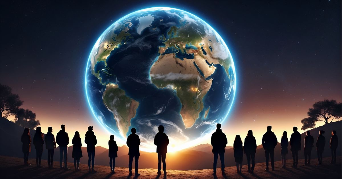 18 Menschen blicken auf die Weltkugel von außen