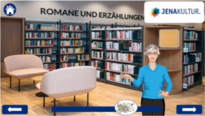 Ein Screenshot aus dem E-Learning-Programm zur Gesunden Arbeit. Zu sehen ist die digitale Lerherin in der Ernst-Abbe-Bücherrei. Hinter ihr eine leere Sitzgruppe sowie volle Bücherregale
