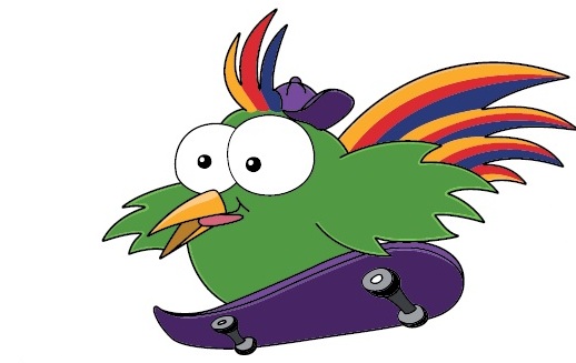 Paradiesvogel Adam, mit Skateboard