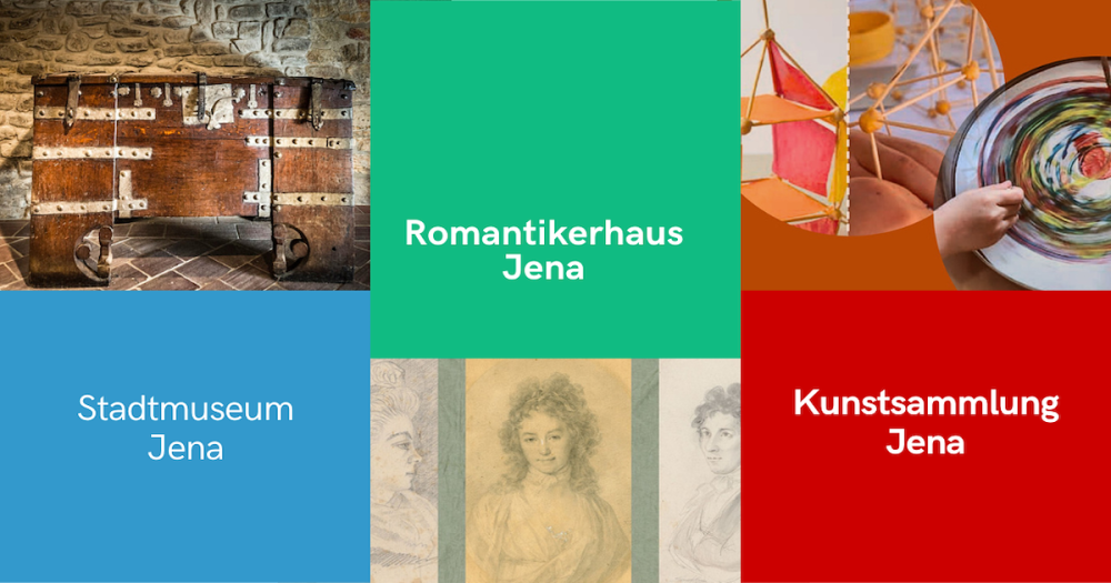 drei verschiedene Bildkacheln, auf dem einen Bild ist eine Holzwand im Keller, Auf einem weiteren ist eine Zeichnung einer Frau, auf dem letzten sind verschiedenen Kunstwerken. Aisserdem sind noch drei weitere Kacheln in Blau wo Stadtmuseum Jena draufsteht, eine grüne mit Romantikerhaus Jena und eine rote mit Kunstsammlung Jena.