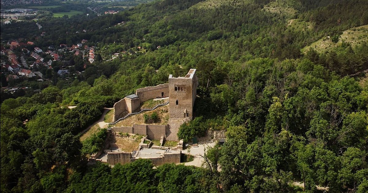 Blick von der Drohne auf die Lobdeburg in Jena, mitten im Grünen mit Blick auf Lobeda