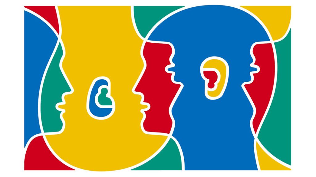 Logo Europäischer Tag der Sprachen, 2 Köpfe in kunterbunt ineinandergeschlungen