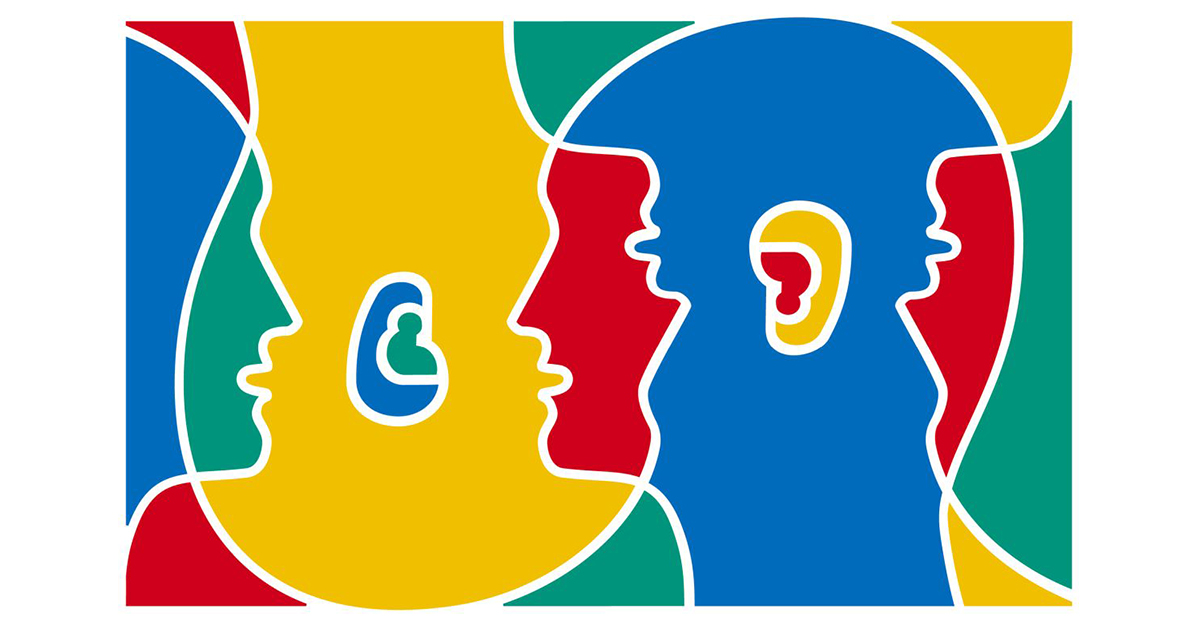 Logo Europäischer Tag der Sprachen, 2 Köpfe in kunterbunt ineinandergeschlungen