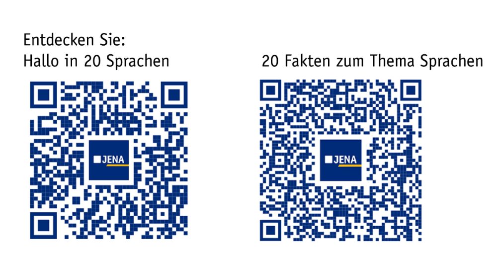 2 QR-Codes zum Tehma Sprachen: links, wie man Hallo in 20 Sprachen sagt und rechts, 20 Fakten zum Thema Sprachen