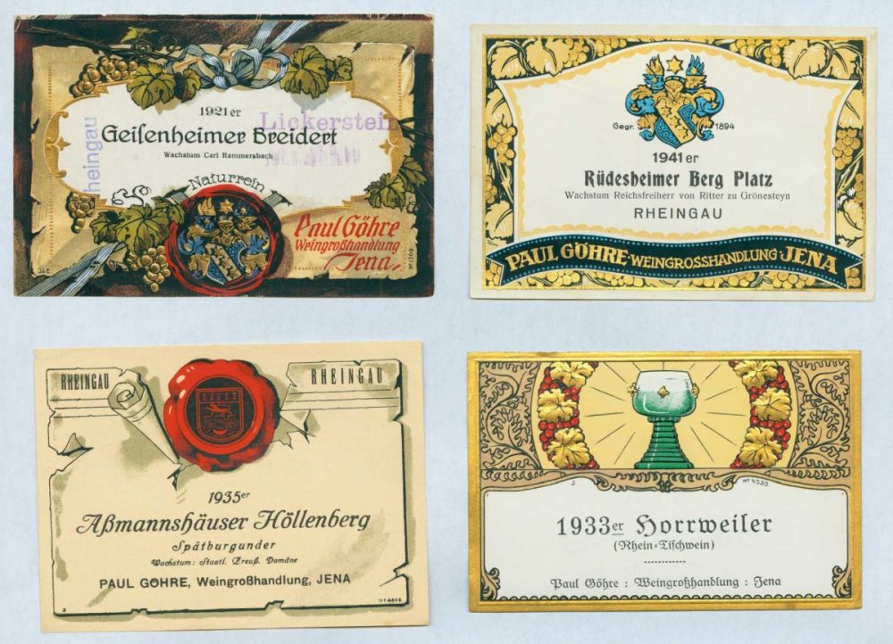 4 bunte Wein-Etiketten der Weingroßhandlung Paul Göhre