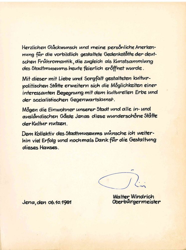 Gästebuch des Romantikerhauses mit Eintrag des Oberbürgermeisters der Stadt Jena