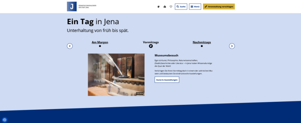Screenshot aus dem Veranstaltungskalender Jena mit einem Vorschlag, wie man einen ganzen Tag in Jena verbringen könnte