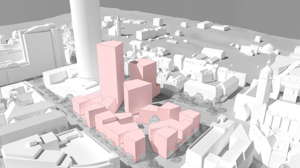 Modell des Eichplatzareals mit drei Hochhäusern